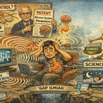 Di antara gelombang tak terlihat dari layar dan gemuruh spekulasi “mind control”, karikatur ini menggambarkan jurang besar antara teori dalam dokumen paten dan bukti ilmiah yang teruji, menegaskan bahwa hingga kini klaim pengaruh tersembunyi layar terhadap sistem saraf manusia masih berada di wilayah kemungkinan teknis, bukan fakta biologis yang terbukti.